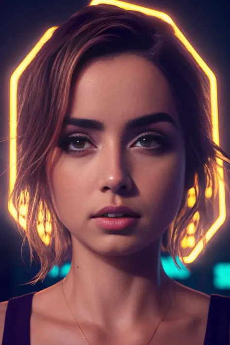ana de armas, portrait, photo, highly detailed, , <lyco:AnaArmas-RealVision-V1.0:1.0>, backlit, colorful, neon lighting, cyberpunk aesthetic,
