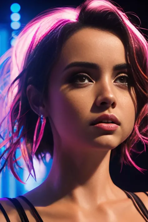 ana de armas, portrait, photo, highly detailed, , <lyco:AnaArmas-RealVision-V1.0:1.0>, backlit, colorful, neon lighting, cyberpunk aesthetic,