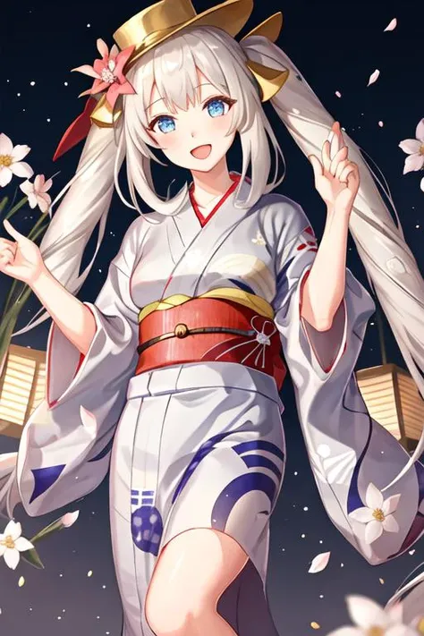 best quality, masterpiece, highres, solo, {yukata:1.40}, {kimono:1.20}, {marie_antoinette_fgo:1.15}, long_hair, blue_eyes, smile, twintails, bangs, very_long_hair, blush, hat, breasts, flower, open_mouth, white_hair