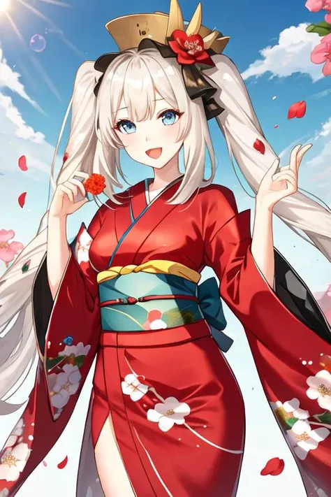 best quality, masterpiece, highres, solo, {marie_antoinette_fgo:1.15}, long_hair, blue_eyes, smile, twintails, bangs, very_long_hair, blush, hat, breasts, flower, open_mouth, white_hair, 1girl, japanese_clothes, kimono, looking_at_viewer, :d, floral_print, hair_ornament, hair_flower, long_sleeves, obi, print_kimono, sash, outdoors, wide_sleeves, red_kimono