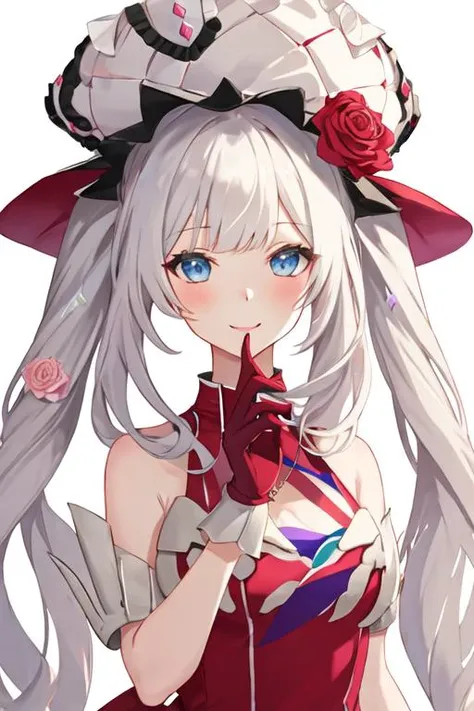 best quality, masterpiece, highres, solo, {marie_antoinette_fgo:1.15}, long_hair, blue_eyes, smile, twintails, bangs, very_long_hair, blush, hat, breasts, flower, open_mouth, white_hair, 1girl, bare_shoulders, gloves, hair_flower, hair_ornament, looking_at_viewer, purple_flower, simple_background, white_gloves, closed_mouth, dress, purple_rose, rose, sleeveless, white_background, white_headwear, frilled_hat, upper_body