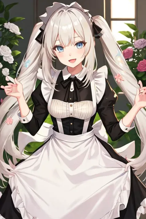 best quality, masterpiece, highres, solo, {marie_antoinette_fgo:1.15}, long_hair, blue_eyes, smile, twintails, bangs, very_long_hair, blush, hat, breasts, flower, open_mouth, white_hair, 1girl, :d, apron, looking_at_viewer, maid, maid_headdress, official_alternate_costume, puffy_sleeves, long_sleeves, juliet_sleeves, bow, maid_apron, plaid, ribbon, shirt