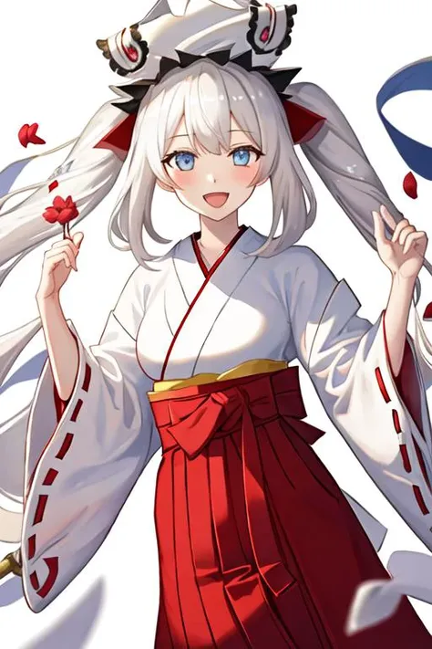 best quality, masterpiece, highres, solo, {white kimono:1.35}, {red hakama:1.35}, {wide sleeves:1.20}, {marie_antoinette_fgo:1.15}, long_hair, blue_eyes, smile, twintails, bangs, very_long_hair, blush, hat, breasts, flower, open_mouth, white_hair