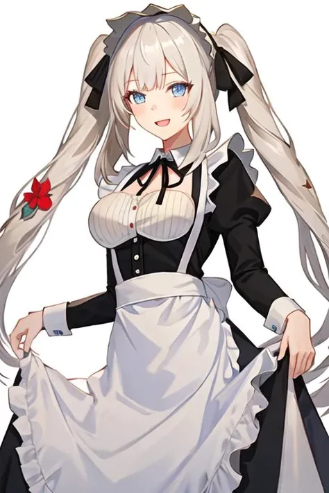 best quality, masterpiece, highres, solo, {marie_antoinette_fgo:1.15}, long_hair, blue_eyes, smile, twintails, bangs, very_long_hair, blush, hat, breasts, flower, open_mouth, white_hair, 1girl, apron, long_sleeves, looking_at_viewer, maid, maid_headdress, official_alternate_costume, closed_mouth, dress, juliet_sleeves, puffy_sleeves, ribbon, black_ribbon, maid_apron, neck_ribbon, simple_background, skirt_hold