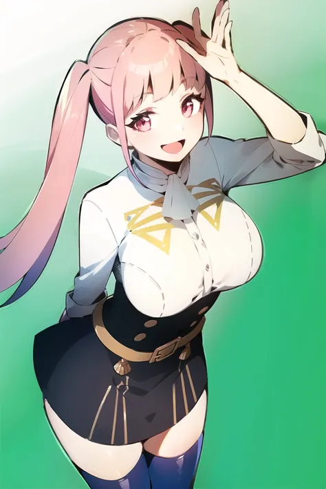 hilda valentine goneril, fire emblem,
1girl, :d, belt, blue thighhighs, breasts, cowboy shot, from above, garreg mach monastery uniform, gradient background, green background, large breasts, long hair, open mouth, pink eyes, pink hair, smile, solo, thighhighs, twintails, v, white background, zettai ryouiki,

((masterpiece))

<lora:hilda_valentine_goneril:0.7>