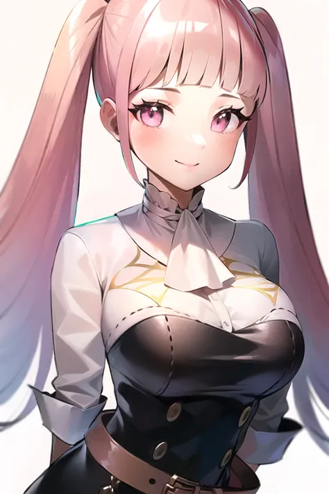 hilda valentine goneril, fire emblem,
1girl, ascot, bangs, belt, belt buckle, black dress, blunt bangs, blush, breasts, brown belt, buckle, closed mouth, contrapposto, dress, garreg mach monastery uniform, large breasts, long hair, looking at viewer, pink eyes, pink hair, shirt, simple background, sleeves past elbows, smile, solo, standing, twintails, upper body, white ascot, white background, white shirt

((masterpiece))

<lora:hilda_valentine_goneril:0.75>