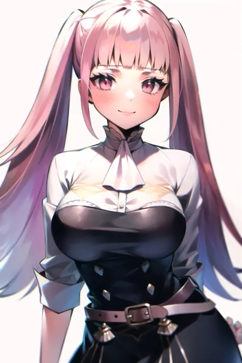 hilda valentine goneril, fire emblem,
1girl, ascot, bangs, belt, belt buckle, black dress, blunt bangs, blush, breasts, brown belt, buckle, closed mouth, contrapposto, dress, garreg mach monastery uniform, large breasts, long hair, looking at viewer, pink eyes, pink hair, shirt, simple background, sleeves past elbows, smile, solo, standing, twintails, upper body, white ascot, white background, white shirt
((masterpiece))
<lora:hilda_valentine_goneril:0.75>