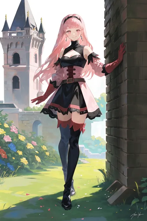 hilda valentine goneril, fire emblem,
1girl, bangs, black dress, black footwear, blunt bangs, boots, breasts, cleavage, closed mouth, dress, earrings, elbow gloves, full body, gloves, jewelry, long hair, medium breasts, pink hair, red eyes, red gloves, short dress, signature, simple background, smile, solo, standing, thigh boots, thighhighs, twintails,  hairband, white background, zettai ryouiki, garden, castle grounds, grass, flowers, stone walls, ruins, pink dress, pink eyes, pink sleeves, red belt, solo, (two-tone dress),

((masterpiece))

<lora:hilda_valentine_goneril:0.7>