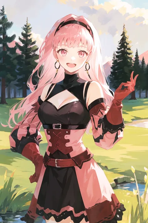 hilda valentine goneril, fire emblem, 1girl, axe, belt, black dress, black hairband, breasts, cleavage, corset, detached sleeves, dress, earrings, gloves, grey background, hairband, hand on hip, holding, holding axe, holding weapon, hoop earrings, jewelry, long hair, looking at viewer, medium breasts, open mouth, pink dress, pink eyes, pink hair, pink sleeves, red belt, red gloves, simple background, smile, solo, twitter username, two-tone dress, weapon, outdoors, grass, trees, river,
((masterpiece))
<lora:hilda_valentine_goneril:0.7>