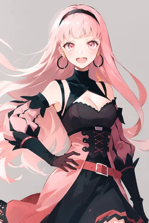 hilda valentine goneril, fire emblem, 1girl, axe, belt, black dress, black hairband, breasts, cleavage, corset, detached sleeves, dress, earrings, gloves, grey background, hairband, hand on hip, holding, holding axe, holding weapon, hoop earrings, jewelry, long hair, looking at viewer, medium breasts, open mouth, pink dress, pink eyes, pink hair, pink sleeves, red belt, red gloves, simple background, smile, solo, twitter username, two-tone dress, weapon, outdoors,
((masterpiece))
<lora:hilda_valentine_goneril:0.6>