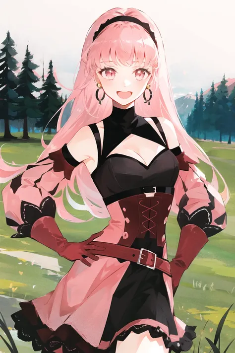 hilda valentine goneril, fire emblem, 1girl, axe, belt, black dress, black hairband, breasts, cleavage, corset, detached sleeves, dress, earrings, gloves, grey background, hairband, hand on hip, holding, holding axe, holding weapon, hoop earrings, jewelry, long hair, looking at viewer, medium breasts, open mouth, pink dress, pink eyes, pink hair, pink sleeves, red belt, red gloves, simple background, smile, solo, twitter username, two-tone dress, weapon, outdoors, grass, trees, river,

((masterpiece))

<lora:hilda_valentine_goneril:0.7>