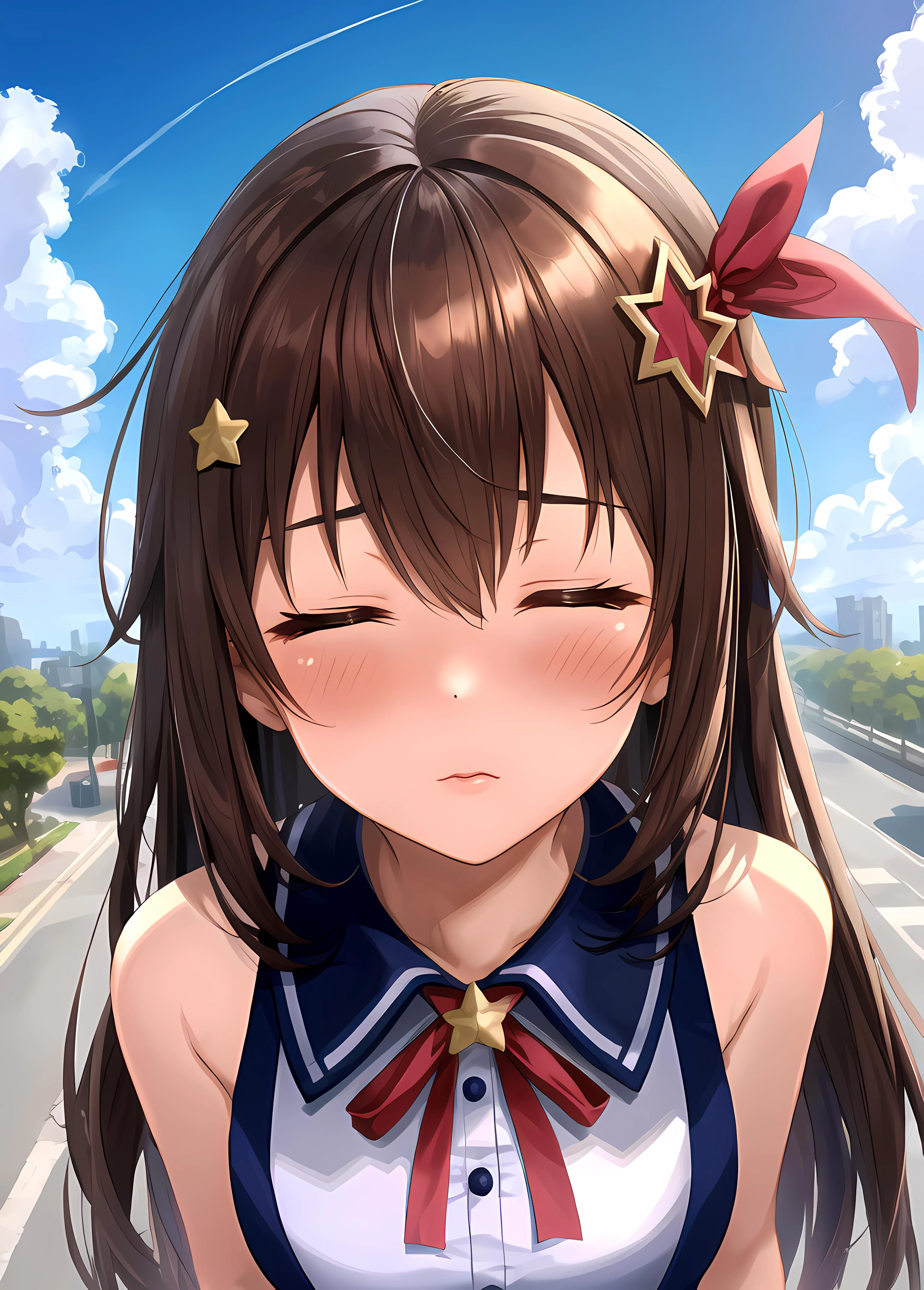 (masterpiece:1.3), (absurdres:1.3), (best quality:1.3), (ultra-detailed:1.3),(best shadow:0.7), (handled hair), pureerosface_v1, perfect anatomy, 1girl, solo, <lora:tokinoSoraHololive_v1:0.4>, tokino sora, sleeveless, bare shoulders, (brown hair, very long hair), (hair ornament (star), red ribbon), (blush, embarrassed, shy), upper body, really close up, street, daylight, blue sky with clouds, (ray tracing, god days, dynamic shadow), face focus, pov, (from above:1.2), <lora:incomingKiss_v10:1.3>, incoming kiss, closed eyes,