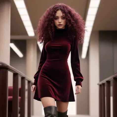 Woman wearing a burgundy velvet dress and chunky boots. Cinematic long shot manga of a woman with very long curly eyelashes. <lora:eyelashes:1>