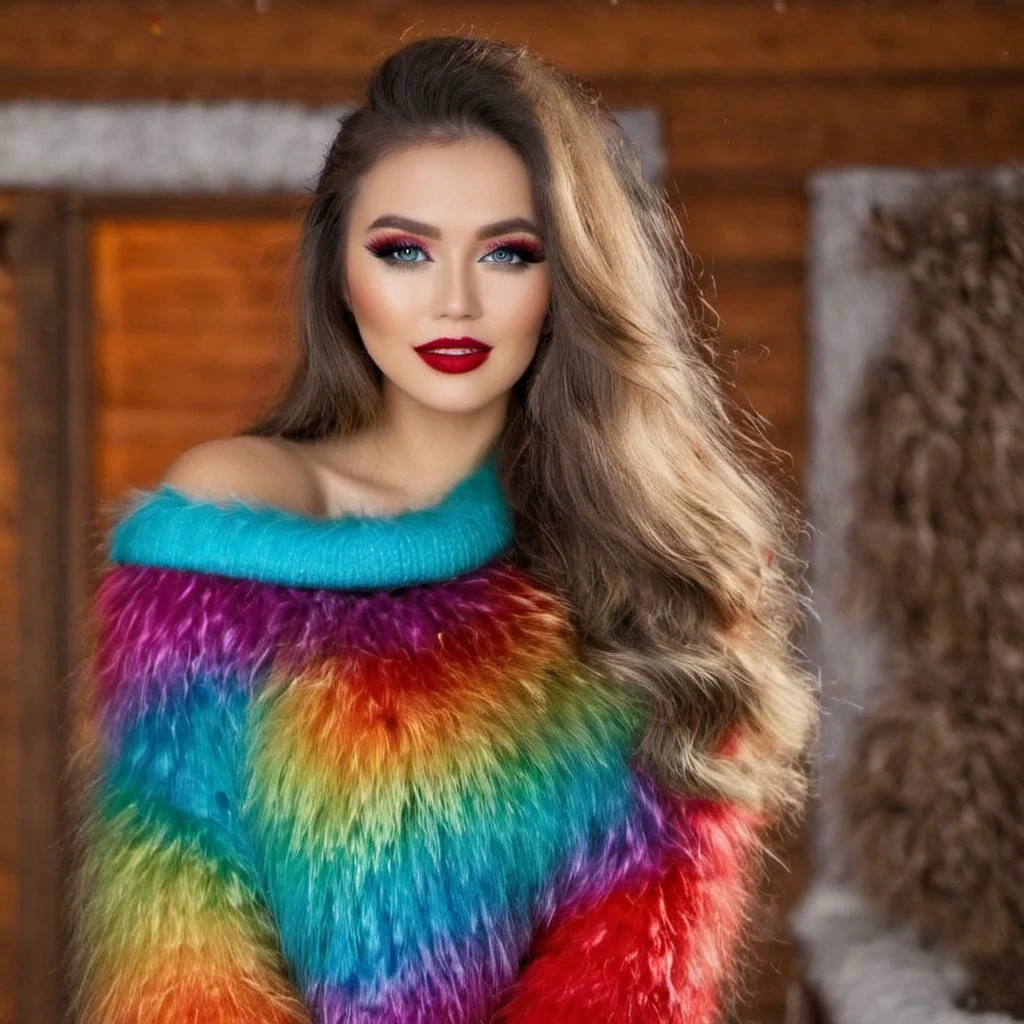 Full body of a smiling Glamorous Thai women with porcelain skin and vibrant colors style for hair and clothes. Smiling and showing well arranged white teethes. Women stay outside of cozy log cabin with expensive (fox fur carpet) on the porch. The view is snowing. Wearing crop-top with ((cowl-neck)) and shorts. Clothes made of Luxury expensive angora mohair. Angora mohair is (((puffy, shaggy, furry, fuzzy, hairy mohair))). There is no coats. Long wavy hairs. Voluminous puffy hairs. (((Iridescent rainbow color strands of hair))). (((Iridescent rainbow color crop-top))). Long boots over the knee with high heels and fur trims. Mittens with fur trim. Fur trimmed crop-top. ((Smoked eyes)) makeup. Bold long (eye liner). ((Long fluffy lashes)). (((Blue eyes))) and (((red lips))).Big boobs. <lora:Lona1:0.7> Lona1