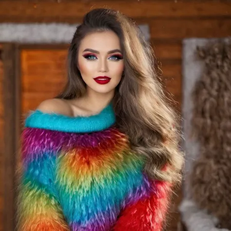 Full body of a smiling Glamorous Thai women with porcelain skin and vibrant colors style for hair and clothes. Smiling and showing well arranged white teethes. Women stay outside of cozy log cabin with expensive (fox fur carpet) on the porch. The view is snowing. Wearing  crop-top with ((cowl-neck)) and shorts. Clothes made of Luxury expensive angora mohair. Angora mohair is (((puffy, shaggy, furry, fuzzy, hairy mohair))). There is no coats. Long wavy hairs. Voluminous puffy hairs. (((Iridescent rainbow color strands of hair))). (((Iridescent rainbow color crop-top))). Long boots over the knee with high heels and fur trims. Mittens with fur trim. Fur trimmed crop-top. ((Smoked eyes)) makeup. Bold long (eye liner). ((Long fluffy lashes)). (((Blue eyes))) and (((red lips))).Big boobs. <lora:Lona1:0.7> Lona1