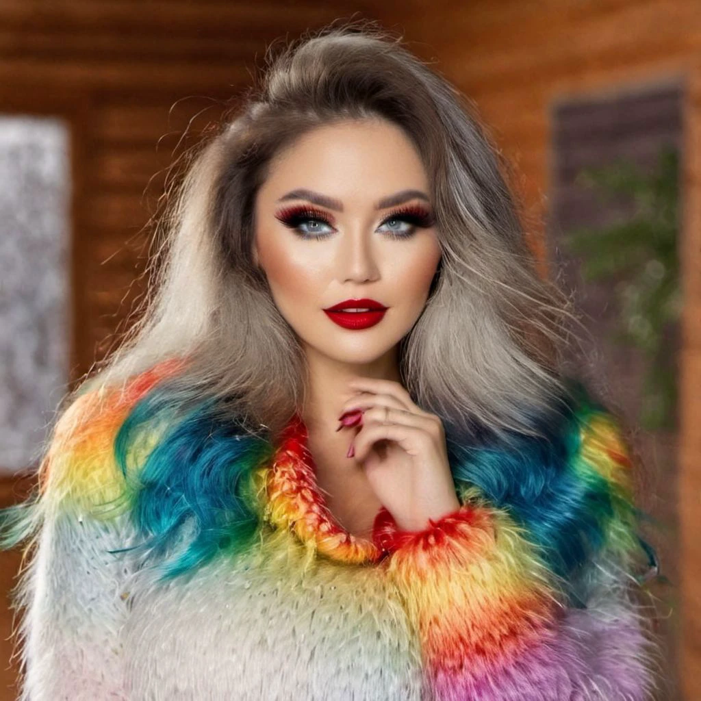 Full body of a smiling Glamorous Thai women with porcelain skin and vibrant colors style for hair and clothes. Smiling and showing well arranged white teethes. Women stay outside of cozy log cabin with expensive (fox fur carpet) on the porch. The view is snowing. Wearing crop-top with ((cowl-neck)) and shorts. Clothes made of Luxury expensive angora mohair. Angora mohair is (((puffy, shaggy, furry, fuzzy, hairy mohair))). There is no coats. Long wavy hairs. Voluminous puffy hairs. (((Iridescent rainbow color strands of hair))). (((Iridescent rainbow color crop-top))). Long boots over the knee with high heels and fur trims. Mittens with fur trim. Fur trimmed crop-top. ((Smoked eyes)) makeup. Bold long (eye liner). ((Long fluffy lashes)). (((Blue eyes))) and (((red lips))).Big boobs. <lora:Lona1:0.7> Lona1