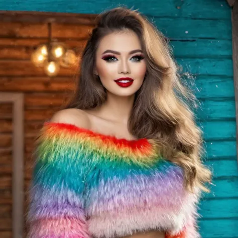 Full body of a smiling Glamorous Thai women with porcelain skin and vibrant colors style for hair and clothes. Smiling and showing well arranged white teethes. Women stay outside of cozy log cabin with expensive (fox fur carpet) on the porch. The view is snowing. Wearing  crop-top with ((cowl-neck)) and shorts. Clothes made of Luxury expensive angora mohair. Angora mohair is (((puffy, shaggy, furry, fuzzy, hairy mohair))). There is no coats. Long wavy hairs. Voluminous puffy hairs. (((Iridescent rainbow color strands of hair))). (((Iridescent rainbow color crop-top))). Long boots over the knee with high heels and fur trims. Mittens with fur trim. Fur trimmed crop-top. ((Smoked eyes)) makeup. Bold long (eye liner). ((Long fluffy lashes)). (((Blue eyes))) and (((red lips))).Big boobs. <lora:Lona1:0.7> Lona1