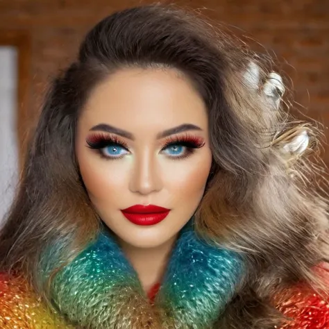 Full body of a smiling Glamorous Thai women with porcelain skin and vibrant colors style for hair and clothes. Smiling and showing well arranged white teethes. Women stay outside of cozy log cabin with expensive (fox fur carpet) on the porch. The view is snowing. Wearing  crop-top with ((cowl-neck)) and shorts. Clothes made of Luxury expensive angora mohair. Angora mohair is (((puffy, shaggy, furry, fuzzy, hairy mohair))). There is no coats. Long wavy hairs. Voluminous puffy hairs. (((Iridescent rainbow color strands of hair))). (((Iridescent rainbow color crop-top))). Long boots over the knee with high heels and fur trims. Mittens with fur trim. Fur trimmed crop-top. ((Smoked eyes)) makeup. Bold long (eye liner). ((Long fluffy lashes)). (((Blue eyes))) and (((red lips))).Big boobs. <lora:Lona1:0.7> Lona1