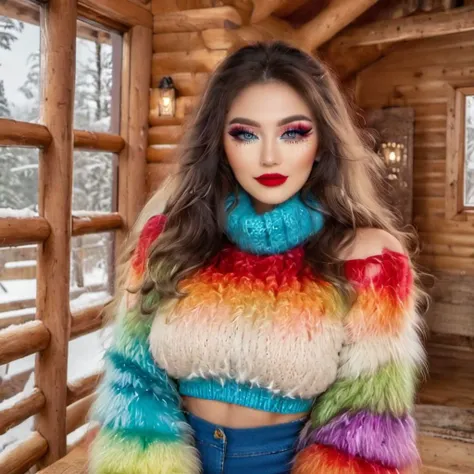 Full body of a smiling Glamorous Thai women with porcelain skin and vibrant colors style for hair and clothes. Smiling and showing well arranged white teethes. Women stay outside of cozy log cabin with expensive (fox fur carpet) on the porch. The view is snowing. Wearing  crop-top with ((cowl-neck)) and shorts. Clothes made of Luxury expensive angora mohair. Angora mohair is (((puffy, shaggy, furry, fuzzy, hairy mohair))). There is no coats. Long wavy hairs. Voluminous puffy hairs. (((Iridescent rainbow color strands of hair))). (((Iridescent rainbow color crop-top))). Long boots over the knee with high heels and fur trims. Mittens with fur trim. Fur trimmed crop-top. ((Smoked eyes)) makeup. Bold long (eye liner). ((Long fluffy lashes)). (((Blue eyes))) and (((red lips))).Big boobs. <lora:Lona1:0.7> Lona1