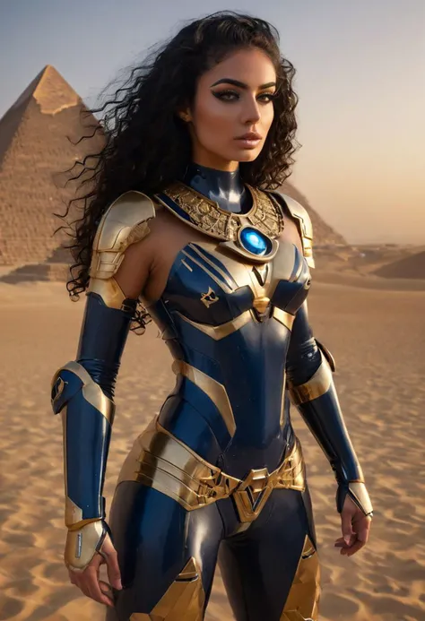 (high quality:1.4), (high resolution:1.3), (incredibly detailed:1.28), cinematic lighting, masterpiece, perfect anatomy,1woman, (high quality:1.4), (high resolution:1.3), (incredibly detailed:1.28), cinematic lighting, masterpiece, perfect anatomy,1woman, Egyptian woman, golden skin, huge boobs, narrow face, square jaw, thick lips, slender body, big hazel eyes, long eyelashes, jewish nose, curvy body, wide hips, thick thighs, long curly black hair, heavy eyeliner and mascara,  Egyptian themed mecha armor, dark blue and gold armor, Glowing Rune Armor:2, glowing gold runes, full body portrait, sunset, desert, futuristic, pyramid in the background,,false eyelashes,