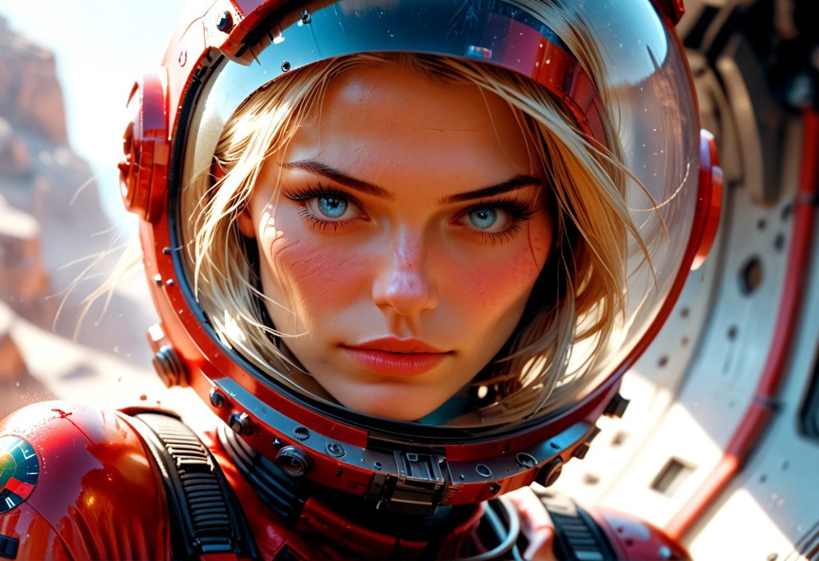 score_9, score_8_up, score_7_up, (perfect skin),
dynamic angle, (close-up), in red bodysuit, mid 20s, stunning female, (holding a space helmet), cute, alluring, looking at viewer, relaxed, peaceful,
jewelry, short blonde hair, pale blue eyes, big eyes, long eyelashes,
sunlight,
, (sci-fi, station on mars, bedroom, view of martian surface):1.3),
realistic, cinematic, zPDXL2, zPDXLrl
