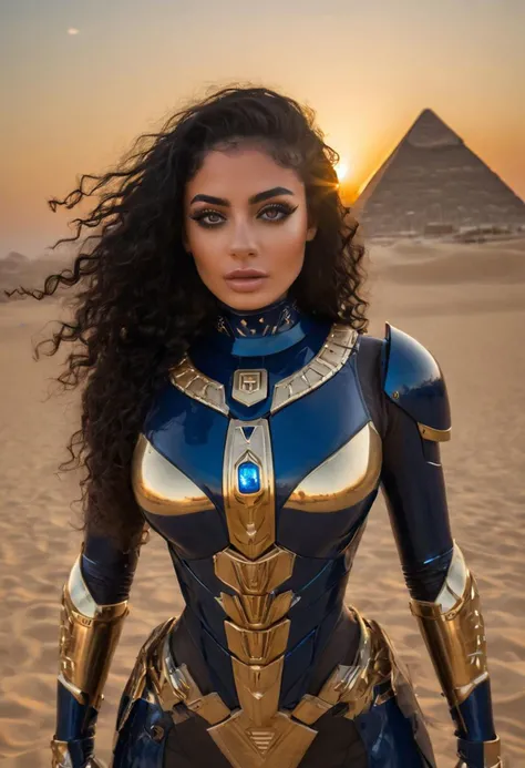 (high quality:1.4), (high resolution:1.3), (incredibly detailed:1.28), cinematic lighting, masterpiece, perfect anatomy,1woman, (high quality:1.4), (high resolution:1.3), (incredibly detailed:1.28), cinematic lighting, masterpiece, perfect anatomy,1woman, Egyptian woman, golden skin, huge boobs, narrow face, square jaw, thick lips, slender body, big hazel eyes, long eyelashes, jewish nose, curvy body, wide hips, thick thighs, long curly black hair, heavy eyeliner and mascara,  Egyptian themed mecha armor, dark blue and gold armor, Glowing Rune Armor:2, glowing gold runes, full body portrait, sunset, desert, futuristic, pyramid in the background,,false eyelashes,