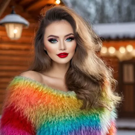 Full body of a smiling Glamorous Thai women with porcelain skin and vibrant colors style for hair and clothes. Smiling and showing well arranged white teethes. Women stay outside of cozy log cabin with expensive (fox fur carpet) on the porch. The view is snowing. Wearing  crop-top with ((cowl-neck)) and shorts. Clothes made of Luxury expensive angora mohair. Angora mohair is (((puffy, shaggy, furry, fuzzy, hairy mohair))). There is no coats. Long wavy hairs. Voluminous puffy hairs. (((Iridescent rainbow color strands of hair))). (((Iridescent rainbow color crop-top))). Long boots over the knee with high heels and fur trims. Mittens with fur trim. Fur trimmed crop-top. ((Smoked eyes)) makeup. Bold long (eye liner). ((Long fluffy lashes)). (((Blue eyes))) and (((red lips)))Big boobs