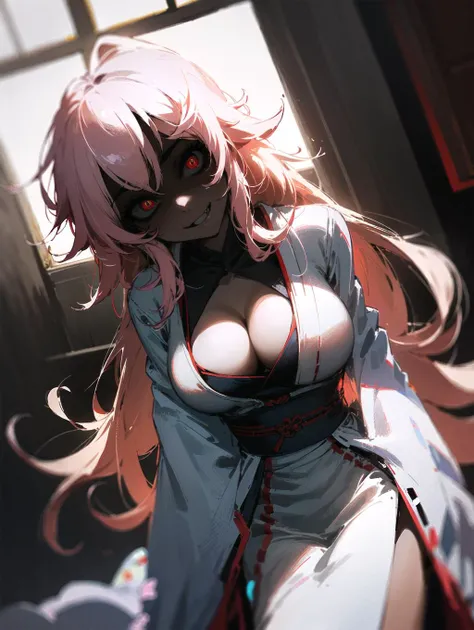 best quality, ultra detailed, cowboy shot, ultra high res, horror \(theme\),
1girl, long hair, miko, evil smile, bright pupils, glowing eyes, head tilt, look down, side eye, face focus, fang, large breasts, cleavage, leaning back head,
from bellow, dutch angle, dark room, indoors, japanese architecture, underground,
<lora:shadedmode22222_8:1>