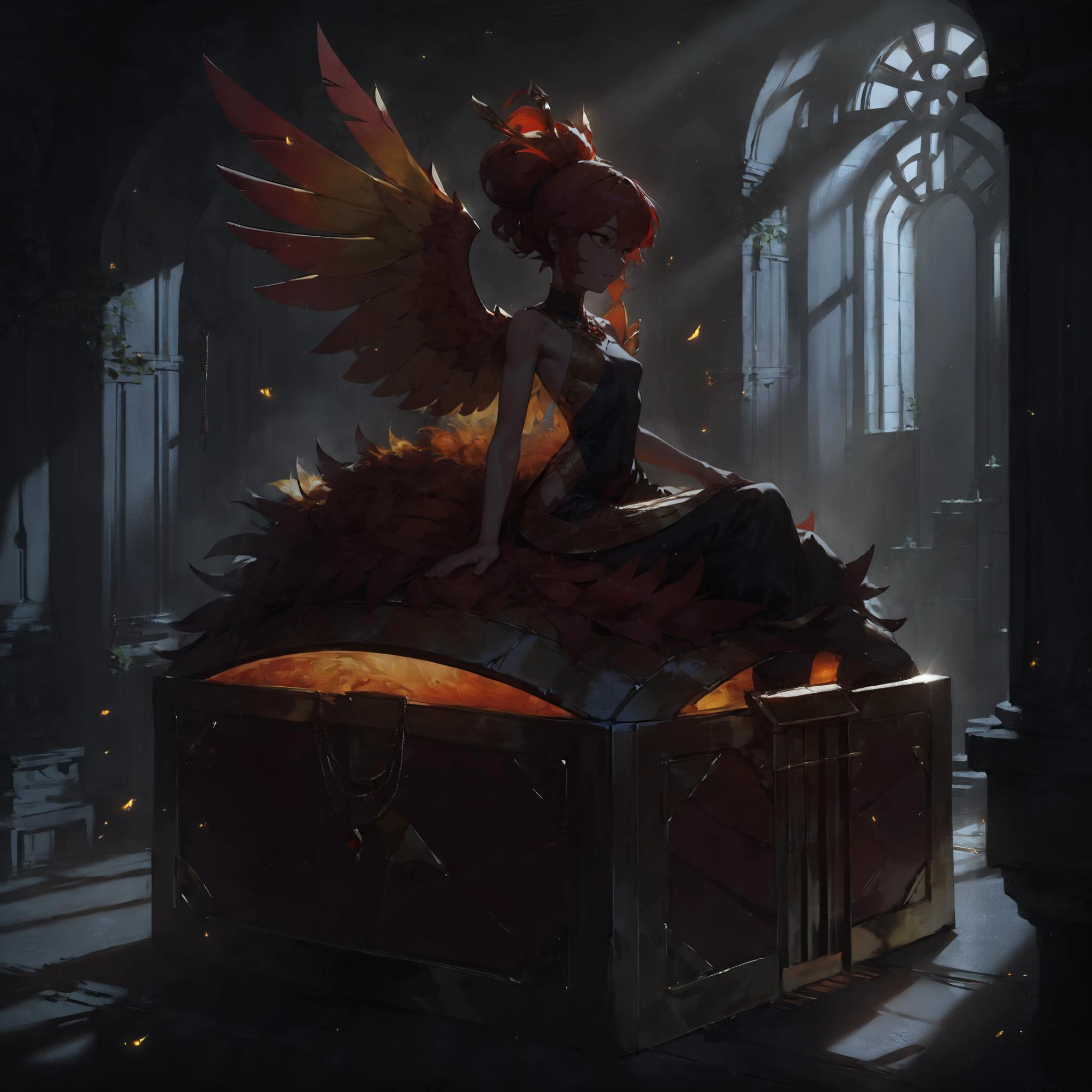 score_9, score_8_up,score_7_up,score_6_up,score_5_up,score_4_up,very aesthetic,
section_anime,1girl,a phoenix girl is hatching,sitting on mimic chest,
feathers,god rays,embers,gold,red,darkred,amber,petite,slender,
<lora:mimic_chest_ponyxl_v9:0.6>,<lora:Anime Summer Night Style SDXL_LoRA_Pony Diffusion V6 XL:0.8>,dark theme,low light,focus on girl,background lighting,lightbeam,