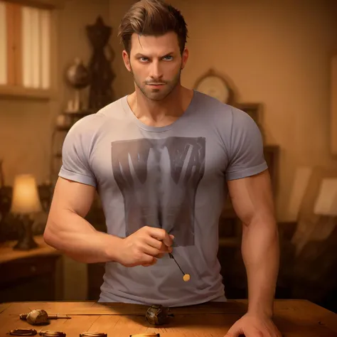1male, muscled, t-shirt, levitation, magic, hand wand,  light magika, mana, <lora:Henri Castelli:0.7>