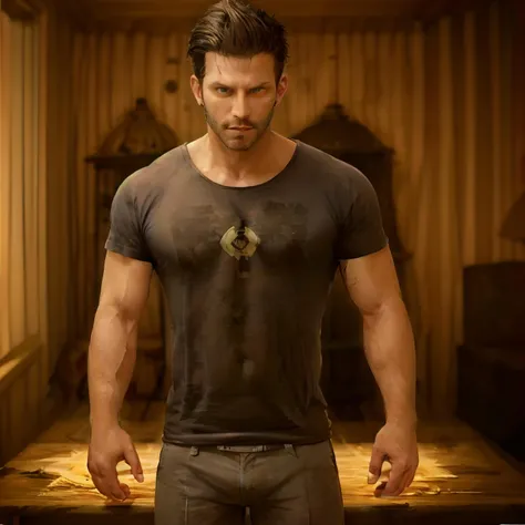 1male, muscled, t-shirt, levitation, magic, hand wand, light magika, mana, <lora:Henri Castelli:0.85>