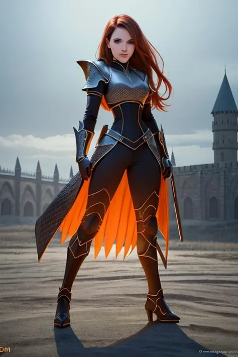 shining black armor, paladin, knight, female, fantasy, (((full body:1.2))), magic, medieval, ((castle background)),
Best quality, 4k, high res, perfect face, battle position, (daggers in hand), knife, battling,(full plate armor)
(masterpiece), (high quality), woman in her 20s, (trending on ArtStation, trending on CGSociety), (by Artgerm), (by Beln Ortega), (by Dan Mora), (by Terry Dodson), octane render, unreal engine, modelshoot style, photorealistic, <lora:kimberlyAnnPossible_v10:0.5>, kimberly ann possible,puffy upper lip, black pupils, dense hair, smooth hair, detailed skin,orange hair, green eyes, lips, toned, athletic, fishnets, ((chainmail))