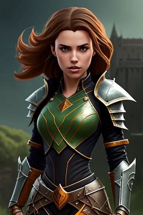 shining black armor, paladin, knight, female, fantasy, (((full body:1.2))), magic, medieval, ((castle background)),
Best quality, 4k, high res, perfect face, battle position, (daggers in hand)
(masterpiece), (high quality), woman in her 20s, (trending on ArtStation, trending on CGSociety), (by Artgerm), (by Beln Ortega), (by Dan Mora), (by Terry Dodson), octane render, unreal engine, modelshoot style, photorealistic, <lora:kimberlyAnnPossible_v10:0.4>, kimberly ann possible,puffy upper lip, black pupils, dense hair, smooth hair, detailed skin,brown orange hair, green eyes, lips, toned, athletic,