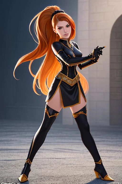 shining black armor, paladin, knight, female, fantasy, (((full body:1.2))), magic, medieval, ((castle background)),
Best quality, 4k, high res, perfect face, battle position, (daggers in hand), knife, battling,(full plate armor)
(masterpiece), (high quality), woman in her 20s, (trending on ArtStation, trending on CGSociety), (by Artgerm), (by Beln Ortega), (by Dan Mora), (by Terry Dodson), octane render, unreal engine, modelshoot style, photorealistic, <lora:kimberlyAnnPossible_v10:0.5>, kimberly ann possible,puffy upper lip, black pupils, dense hair, smooth hair, detailed skin,orange hair, green eyes, lips, toned, athletic,