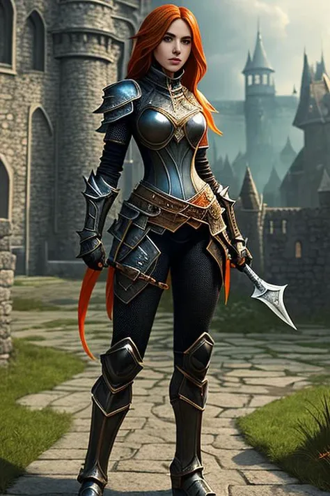 shining black armor, paladin, knight, female, fantasy, (((full body:1.2))), magic, medieval, ((castle background)),
Best quality, 4k, high res, perfect face, battle position, (daggers in hand), knife, battling,(full plate armor)
(masterpiece), (high quality), woman in her 20s, (trending on ArtStation, trending on CGSociety), (by Artgerm), (by Beln Ortega), (by Dan Mora), (by Terry Dodson), octane render, unreal engine, modelshoot style, photorealistic,  <lora:kimberlyAnnPossible_v10:0.3>, kimberly ann possible,puffy upper lip, black pupils, dense hair, smooth hair, detailed skin,orange hair, green eyes, lips, toned, athletic, fishnets, ((chainmail)), flat chest