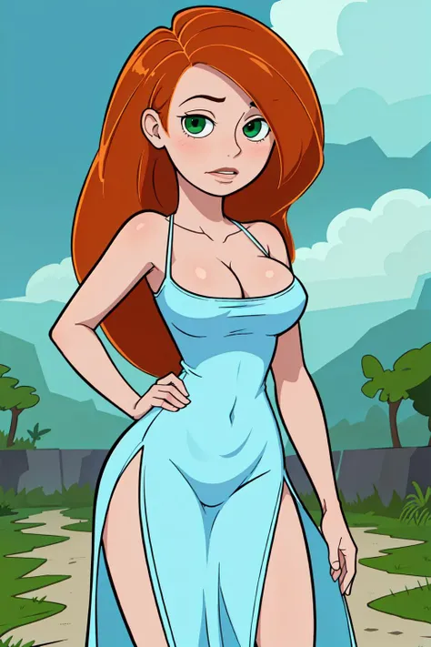 (masterpiece, best quality:1.3), 1girl, looking at viewer, kimberly ann possible, smile, lips, contrapposto, collarbone, bare shoulders, blush, colored skin, orange hair, long hair, absurdly long hair, green eyes, masterpiece, expensive quality, very_expensive_solve, big_file size, full color,(completely nude:1.2),pussy,niplles,