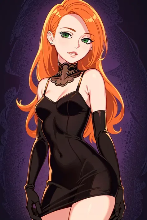 ultra realistic 8k cg, masterpiece, ((ultra detailed background, delicate pattern, intricate detail)), (highly detailed, fine details), best quality, 1girl, (photorealistic:1.4),beautiful lighting, absurdres, RAW photo, film grain, 1girl, solo, kimberly ann possible, orange hair, green eyes, ((gloves, long hair, black dress)), inside, night club environment, neon lights, small breasts, <lora:KimPossible:0.5>