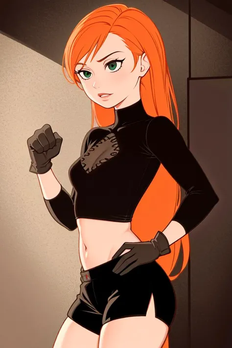 ultra realistic 8k cg, masterpiece, ((ultra detailed background, delicate pattern, intricate detail)), (highly detailed, fine details), best quality, 1girl, (photorealistic:1.4),beautiful lighting,  absurdres, RAW photo, film grain, 1girl, solo, kimberly ann possible, orange hair, green eyes, ((gloves, long hair, black shirt, khaki shorts)), zettai ryoiki, midriff, action scene, inside, room, complex detailed background, clenched fists, small breasts, from behind,  <lora:KimPossible:0.5>