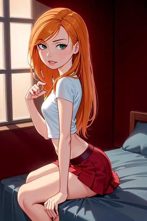 ultra realistic 8k cg, masterpiece, ((ultra detailed background, delicate pattern, intricate detail)), (highly detailed, fine details), best quality, 1girl, (photorealistic:1.4),beautiful lighting, absurdres, RAW photo, film grain, 1girl, solo, kimberly ann possible, orange hair, green eyes, ((long hair, white T-shirt, short skirt)), lying down, zettai ryoiki, inside, bedroom environment, bed, sitting, window, complex detailed background, clenched fists, small breasts, showing ass, <lora:KimPossible:0.5>
