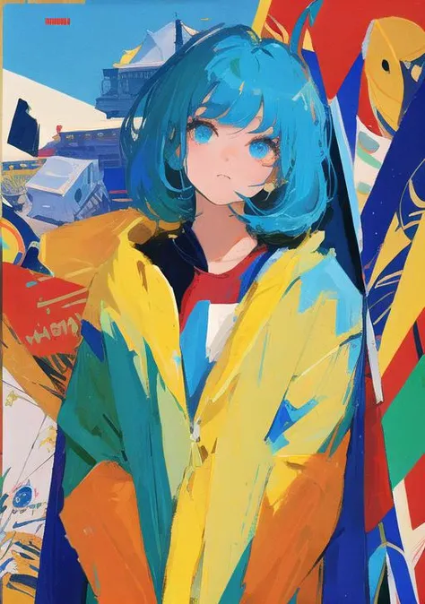 masterpiece, best quality,ultra detailed, trending art, perfect artwork, 8k, wallpaper, soft lighting, cinematic, film grain, perfect anatomy, stunning beautiful, 1girl, portrait, solo, looking at viewer, <lora:jpposter230626:0.7>, poster, jpposter, abstract, retro artstyle,