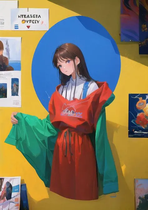 masterpiece, best quality,ultra detailed, trending art, perfect artwork, 8k, wallpaper, soft lighting, cinematic, film grain, perfect anatomy, stunning beautiful, 1girl, portrait, solo, looking at viewer, <lora:jpposter230626:0.65>, poster, jpposter, abstract:0.5, (retro artstyle:0.5),