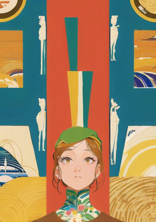 masterpiece, best quality,ultra detailed, trending art, perfect artwork, 8k, wallpaper, soft lighting, cinematic, film grain, perfect anatomy, stunning beautiful, 1girl, portrait, solo, looking at viewer, <lora:jpposter230626:0.7>, poster, jpposter, abstract, retro artstyle,