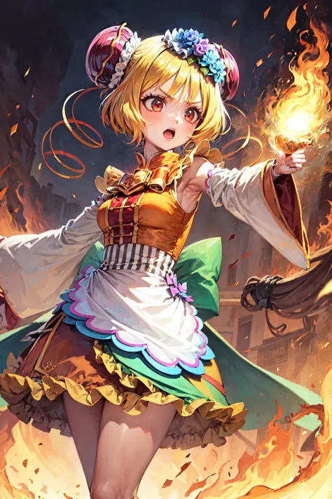 masterpiece,best quality,1girl,solo,cure yum-yum,hair ornament,apron,brooch,long sleeves,wide sleeves,hair flower,layered skirt,striped skirt,frilled skirt,(serious,v-shaped eyebrows),fighting stance,action pose,attack,(motion lines,motion blur),blast,fire,flame,(Surrounded by flames),sparkle,light particles,multicolored background,cowboy shot,(dutch angle),<lora:locon_cure_yum-yum_01:0.9>,<lora:Fire_VFX:0.6>,<lora:Concept-control tool-add_detail-CyberAIchemist:0.5>,