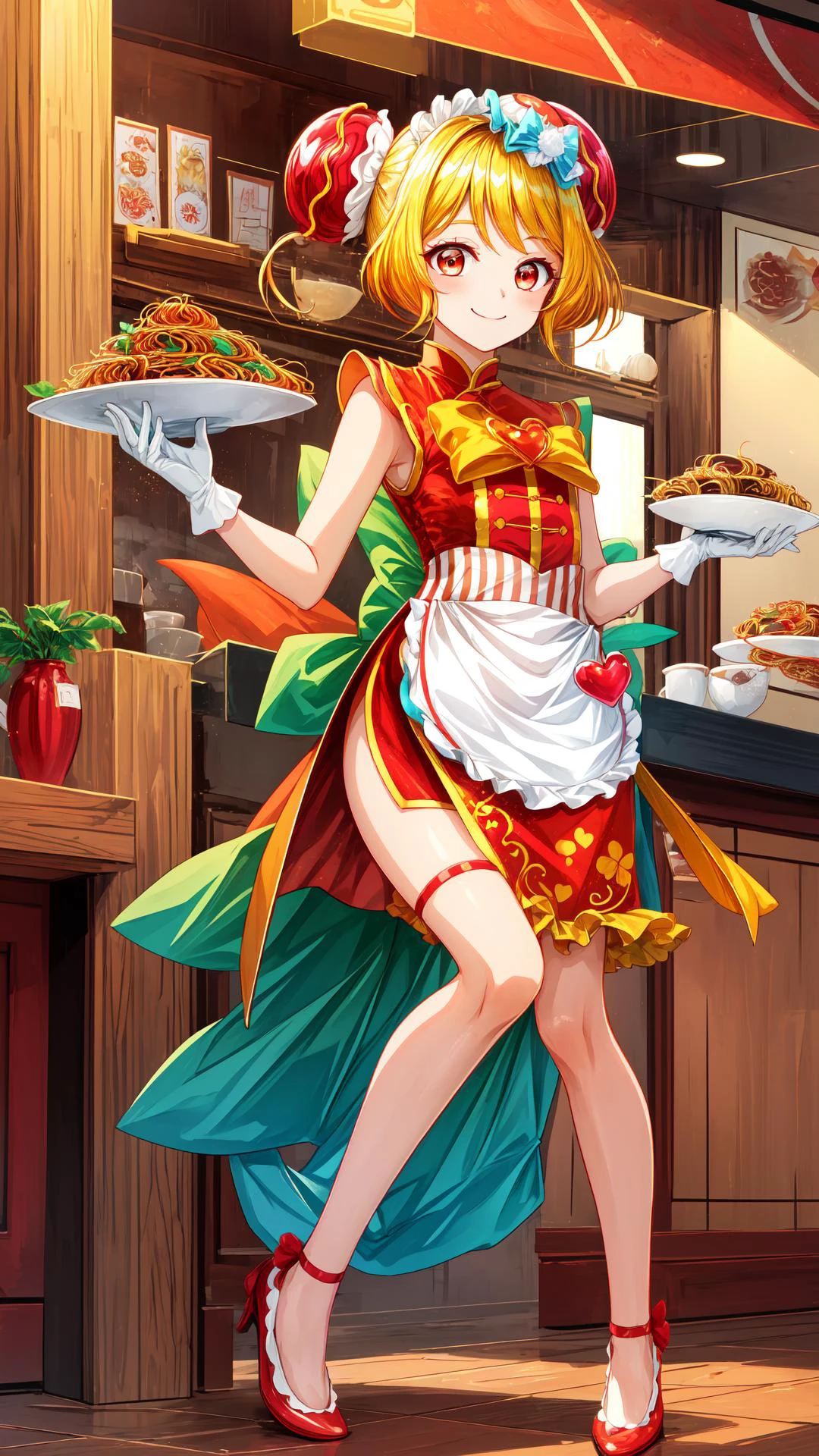 masterpiece, best quality, high quality, ultra detailed, perfect anatomy,
1girl, chinese ramen restaurant, chinese waitress,
joy full, happy, (smile:1.4), deliciousmile, (closed mouth:1.2), cheerful, cute pose, one_leg_raised, bend kneesl
<lora:hyperdetailer_v095:0.7>
<lora:locon_cure_yum-yum_01:1> cure yum-yum, china dress, hair ornament, sleeveless, gloves, apron, brooch, side slit, shorts under skirt, pumps, heart brooch,