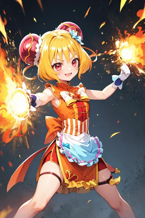 masterpiece,best quality,1girl,cure yum-yum,china dress,hair ornament,sleeveless,gloves,apron,brooch,side slit,red shorts,shorts under skirt,back bow,(smile,confident),fighting stance,action pose,attack,punching,motion lines,motion blur,blaze,fire,flame,sparkle,light particles,<lora:locon_cure_yum-yum_01:0.9>,