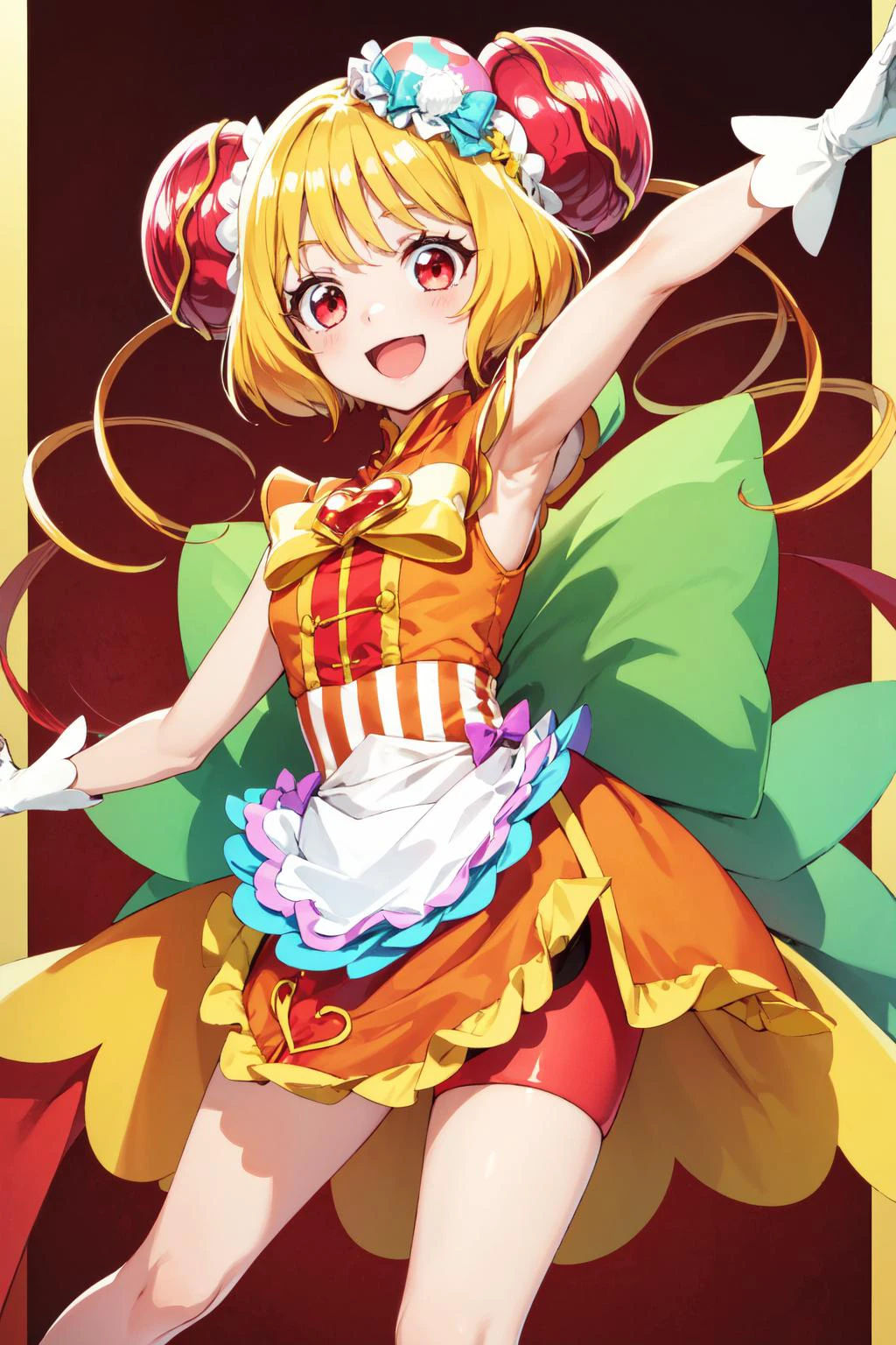 masterpiece,best quality,1girl,cure yum-yum,china dress,hair ornament,sleeveless,gloves,apron,brooch,side slit,red shorts,shorts under skirt,back bow,smile,open mouth,arm up,raised fist,multicolored background,dutch angle,<lora:locon_cure_yum-yum_01:0.9>,