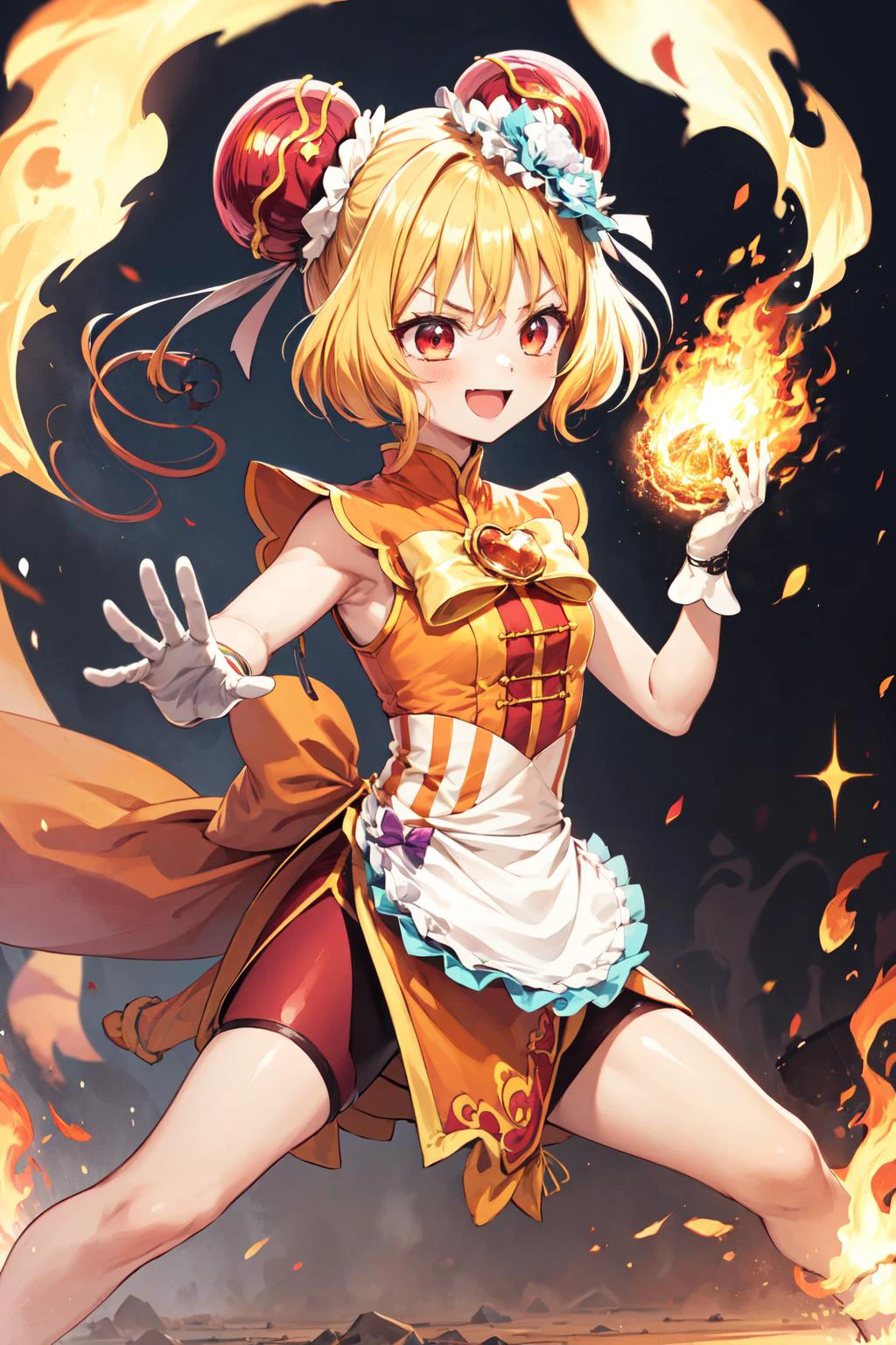 masterpiece,best quality,1girl,solo,cure yum-yum,china dress,hair ornament,sleeveless,gloves,apron,brooch,side slit,red shorts,shorts under skirt,back bow,(smile,confident),fighting stance,action pose,attack,punching,motion lines,motion blur,blaze,fireball,fire,flame,(Surrounded by flames),sparkle,light particles,multicolored background,<lora:locon_cure_yum-yum_01:0.9>,<lora:Fire_VFX:0.6>,<lora:Concept-control tool-add_detail-CyberAIchemist:0.3>,
