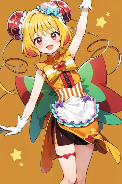 masterpiece,best quality,1girl,cure yum-yum,china dress,hair ornament,sleeveless,gloves,apron,brooch,side slit,shorts under skirt,back bow,smile,open mouth,arm up,raised fist,multicolored background,dutch angle,<lora:locon_cure_yum-yum_01:0.9>,