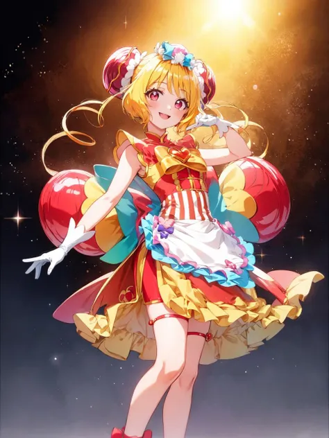 masterpiece, best quality, looking at viewer, depth of field, standing, full body,
1girl, <lora:locon_cure_yum-yum_01:0.9>, cure yum-yum, china dress, hair ornament, sleeveless, gloves, apron, brooch, shorts under skirt,
smile, ((gradient background)), lens flare,