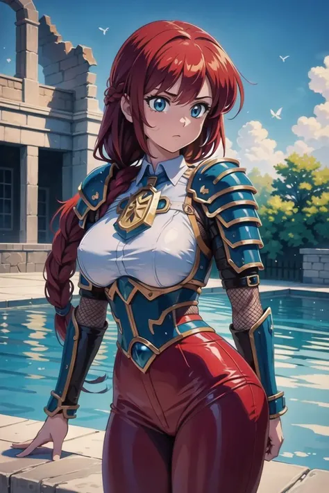 girl, armor, fantasy, isekai, magic, ruins, war,(outdoors,hotify),Swimming Pool Background,Hourglass Body,Round Breasts,Over the shoulder,Very Long Hair,Butterfly Braid,cerulean Collared Shirt,red Tapered Pants,Yu-Gi-Oh,Fishnets ,(masterpiece,detailed,highres:1.4) <lora:5shot:0.7>